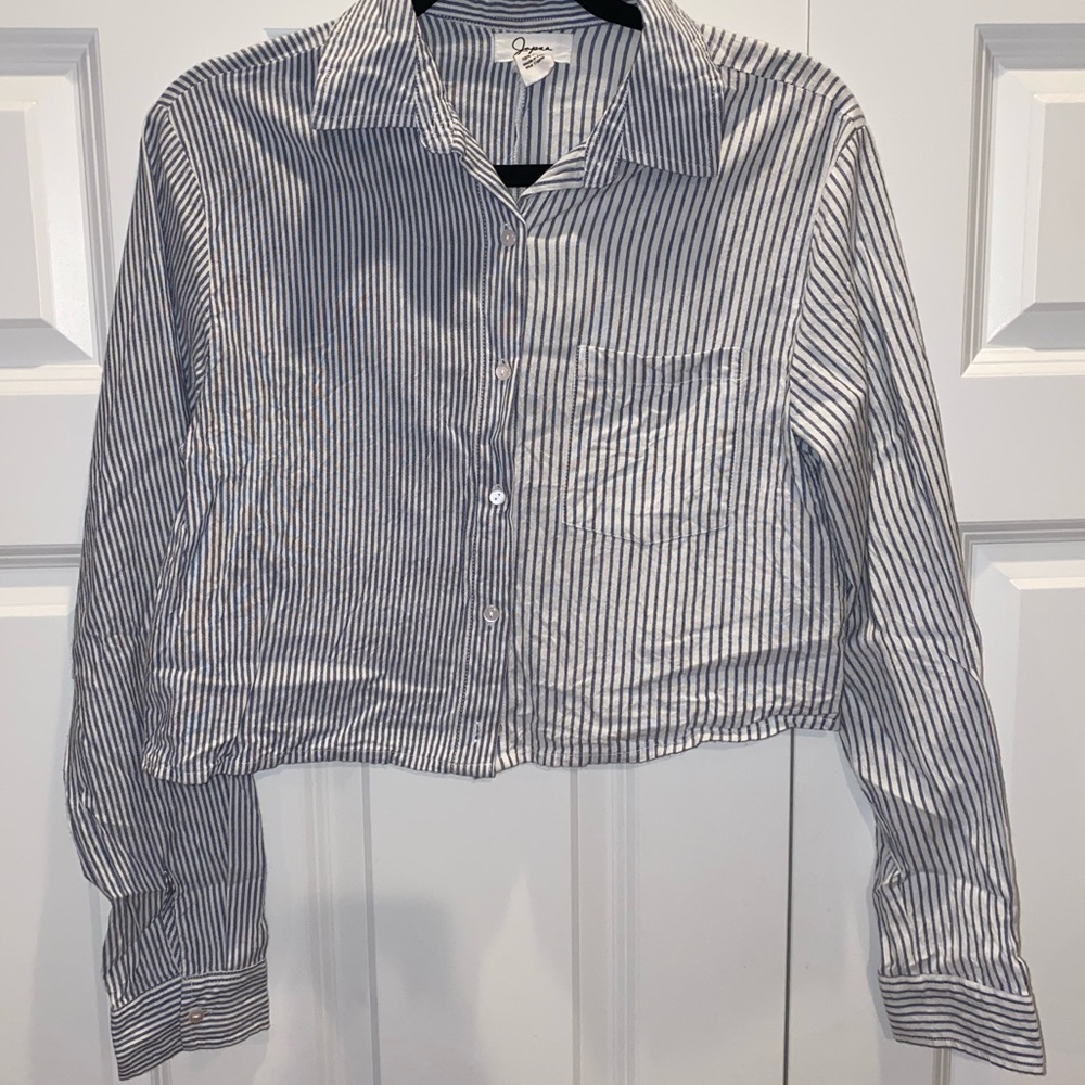 Blue and White Striped Cropped Shirt